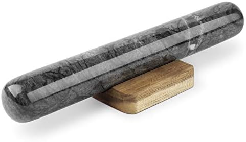 Flexzion French Rolling Pin, 12 Inch Black Marble Rolling Pins for Baking with Wooden Base Holder Stand - Non-Stick Baking Roller for Baking Fondant, Crust, Pastry, Cookies, Pizza, Pasta