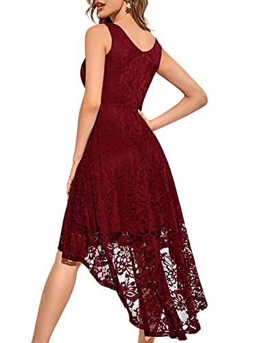 Muadress Women's Elegant Floral Lace Dress Sleeveless V-Neck Hi-Lo Cocktail Dress For Evening Party Darkred 2Xl #TOP5