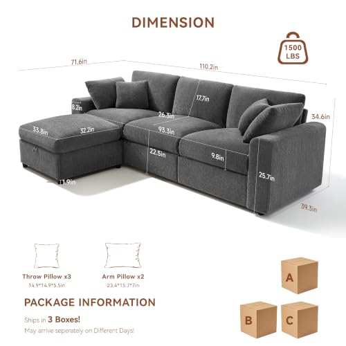 Image of Ihanherry Cloud Sectional Couches for Living Room, 110 inch Large Modular Sectional Sofa with Wide Deep Seat, L Shaped Couch with Throw Pillow and Storage Ottoman, Dark Grey