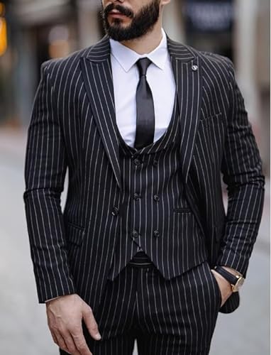 YZRIZM Men's Casual Suits Fit 3 Piece Tuxedos Stripe Double Breasted Blazer Vest Pants for Wedding2