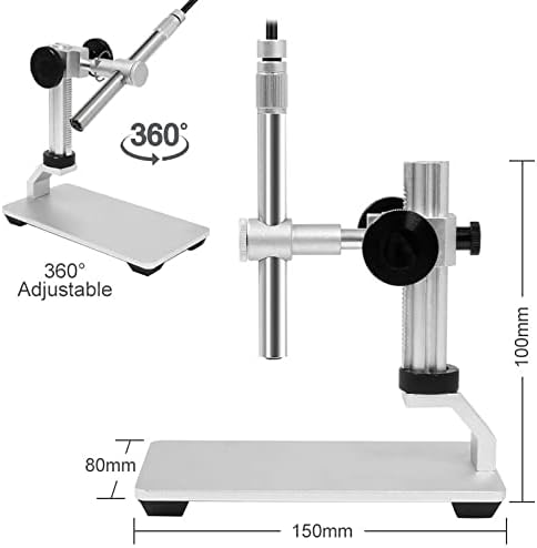 Image showing the adjustable stand for the ZTBH USB Digital Microscope with dimensions. The stand has a base of 150mm by 80mm and an adjustable height up to 100mm. It also shows 360-degree adjustability.