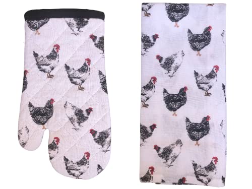 Rooster Country Farmhouse Linen Kitchen Set Oven Mitt, Pot Holder & Kitchen Towels & Bamboo Cooking Spoon (Black & White Rooster) #TOP2