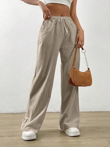 Image of TOPLOT Women's Linen Blend Wide Leg Palazzo Pants | Elastic Drawstring Waist Trousers for Woman | Relaxed Fit Casual Lounge Trousers | Breathable Straight Leg Everyday Bottom Wear (5268)