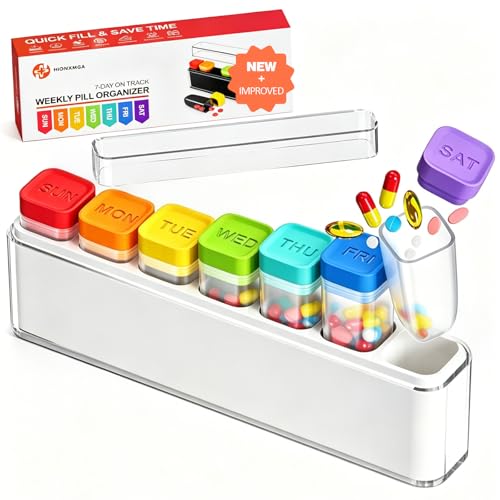 Image of HIONXMGA Color-Coded Weekly Pill Organizer Once Daily, Detachable 7 Day Travel Pill Box with Upgraded Sealing Lids, Large Portable Pill Case for Medication, Vitamins, Supplements & Fish Oils, White