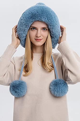 Dawfold Women Knit Beanies Hats Winter Peruvian Cover Ears Faux Fur Crochet Skull Cap With Pompom Fluffy Fleece Lined Blue #TOP4