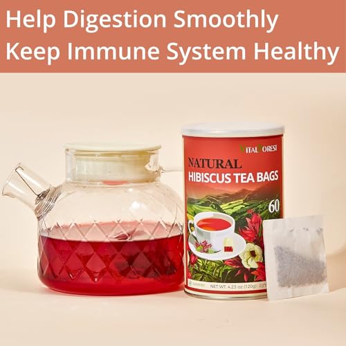 60 Hibiscus Flower Tea Bags, 2g/Bags, VitalForest Hibiscus Tea Roselle Tea, Natural Flor de Jamaica Flower, Caffeine Free, Non-GMO, Unbleached Bags, Canister Packaged - Thumbnail 6