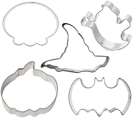 Halloween Stainless Steel Cookie Cutter Mold Set DIY Baking Tools(5 Piece,Bat,Witch Hat,Ghost,Pumpkin,Skull)