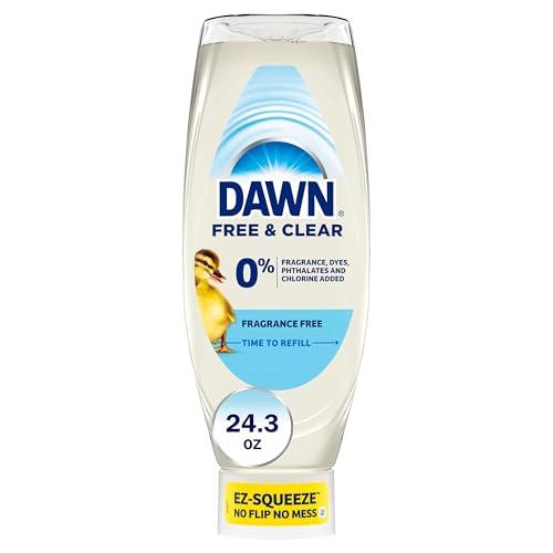 Dawn Free & Clear EZ-Squeeze Dish Soap Liquid, Dishwashing Liquid, Grease Removal, Upside Down Bottle, Unscented, 24.3 Fl Oz