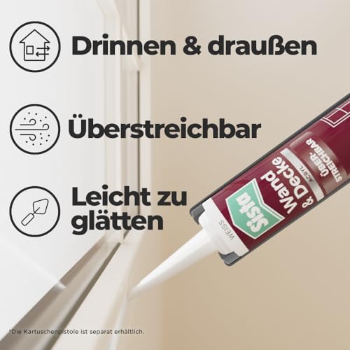Sista Pattex Wand & Decke Acryl, Dichtmasse zum Abdichten von Rissen an Wand & Decke, überstreichbar nach 1 Stunde, langlebiger Fugenfüller für innen & außen**, 1x280ml Kartusche, weiß