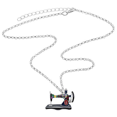 Bonsny Statement Enamel Rhinestone Chain Sewing Machine Necklaces Pendant Original Design For Women Girls Jewelry #TOP3
