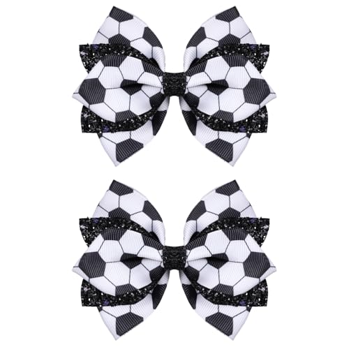Soccer Hair Bows for Girls 2pc 4 Glitter Black White Football Grosgrain Ribbon Bow Alligator Clips for Soccer Mom Gift Team Game Day Cheerleaders Dress Uniform Decor Accessory