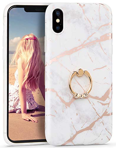 Imikoko Coque de protection pour iPhone X/XS avec anneau de protection élégante et résistante aux chocs Coque arrière en silicone TPU Motif floral rétro Design tendance Anti-poussière et rayures Cover
