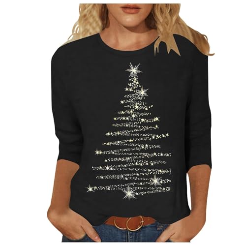 Weihnachtskleid Weihnachtsshirt Damen Lustig 3/4 Arm Rundhals Hässliche Weihnachtspullover Womens Ugly Christmas Sweater Herbst Langarmshirt...