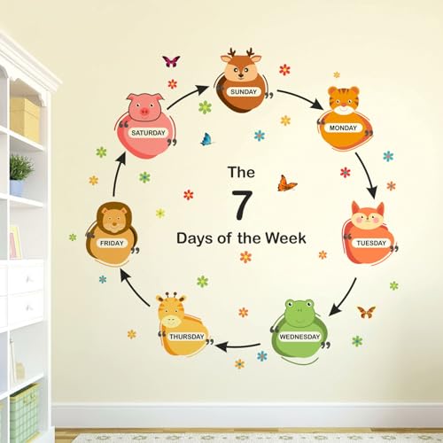 Image of StickMe '7 Days of The Week Animals Baby Kids Learning Education NurseryPre School Kinder Garden Colorful Wall Sticker' (Multi Colour, Vinyl)