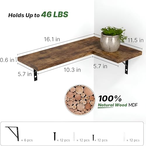 Image of OXMIC Corner Wall Floating Shelves, Book Shelf for wall, Corner Shelf for Living Room Decor, Natural Wood MDF, Rustic Brown, Set of 3, with Metal Brackets