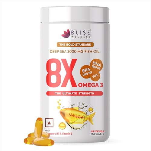 Bliss Welness 8X Strength Omega 3 Fish Oil Capsules | Highest Active Omega-3 Concentration - 3000mg Fish Oil Supplement with 1400mg EPA & 1000mg DHA for Men & Women | Muscle, Heart, Brain, Eyes, Skin & Joints Health Support | No Fishy Burps, Mercury Free | 60 Softgel Capsules