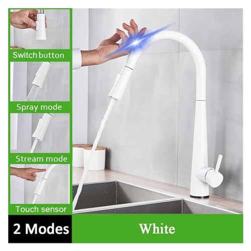 Robinet de cuisine à capteur blanc et or brossé avec douchette extractible rotative à 360° - 4