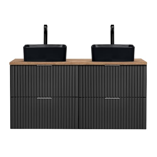 Lomadox Doppio lavabo con 2 vasche da appoggio, nero opaco con rovere Nb, parte anteriore scanalata, larghezza x altezza x profondità ca. 120,6/73,2/46,5 cm