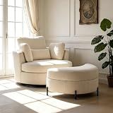 Aoiy & Wifon 50'' W Oversized Swivel Barrel Chair with Storage Ottoman, Beige Round Accent Chair with Half Moon Ottoman for Living Room, Deep Seat & Extra Wide, Chenille