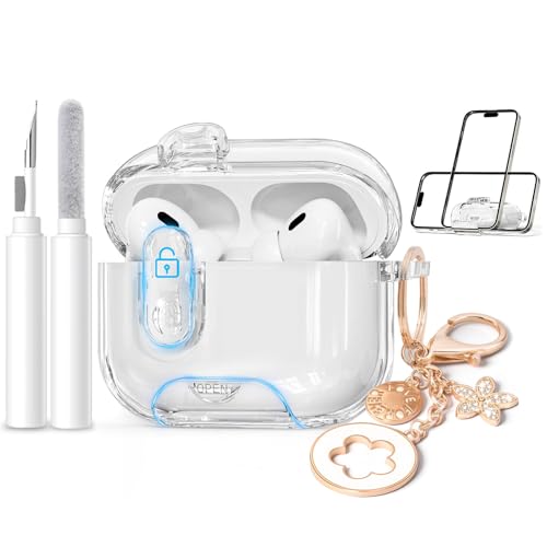 with Safety Lock & Phone Stand for AirPods Pro 3 Case, Clear TPU Protective Cover with Bling Keychain, Cleaning Kit | Cute iPod Case for Women Girls, Compatible with 2025 AirPods Pro 3rd Generation