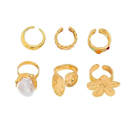 MSSIEJEW Chunky Flower Knuckle Rings for Women Chunky Gold Rings Set Adjustable Stacking Crystal Knuckle Ring Statement Jewelry (Gold)