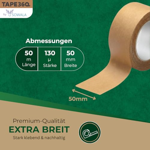 sowala Papier Paketklebeband braun 50 mm x 50 m 3 Rollen, umweltfreundliches Paketband, recycelbares Packband, 130 my Papierklebeband, Verpackungsband, Klebeband