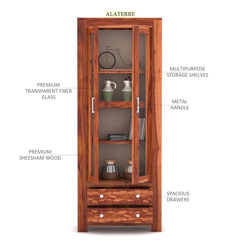 Image of Wood Book Shelf for Home Library | Wooden Book Shelf with Glass Door | Kitchen Crockery Cabinet, Almirah, Home Furniture, Books Rack, Book Stand, BookCases, Shelves, Honey Finish