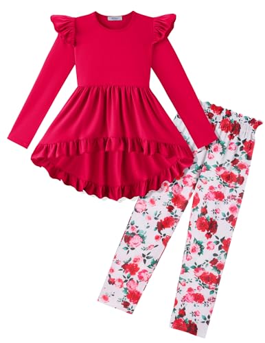 Image of Arshiner Toddler Girl Clothes Ruffle Trim Long Sleeve Pullover Top and Floral Print Leggings Fall Outfits Kids Clothing Sets