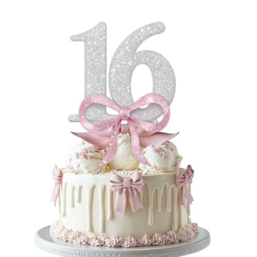 16th Birthday Cake Topper Girl，Bow Sweet Sixteen Birthday Decorations，Sweet 16 Cake Topper，happy 16th birthday decorations girl cake topper