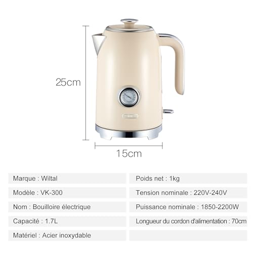 Wiltal Bouilloire rétro [1,7 l, 2200 W], crème, en acier inoxydable, avec indicateur de température et niveau d'eau extérieur en design rétro – vue 7