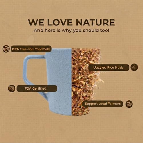 Image of Coffee Mug Set Made with Rice Husk & Bio Composite Material | TurtleBrew Coffee Mug Travel | Microwave & Dishwasher Safe | Light Blue | 200 ml | Pack of 2