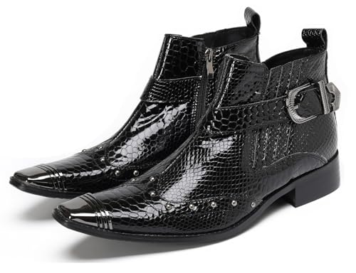 Image of Santimon Men’s Genuine Leather Chelsea Boots with Metal Toe Cap – Snakeskin Dress Casusl Ankle Western Boots with Zipper Side & Studded Buckle for Party Club Disco Black 12 US