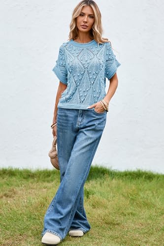 Image of Cakulo Womens Summer Crochet Boho Crop Tops Short Sleeve Lightweight Knit Sweater 2026 Beach Vacation Cruise Resort Wear