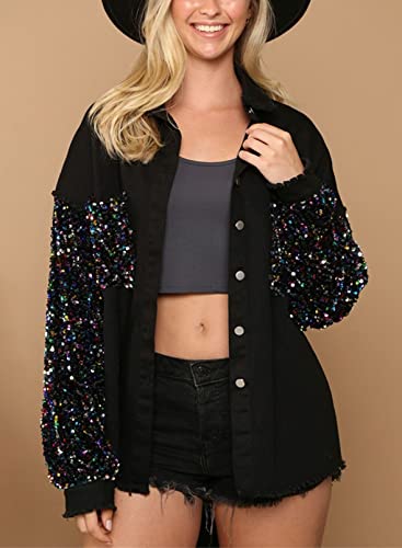 Womens Oversized Denim Jacket Sequin Sparkle Casual Long Sleeve Jean Jacket Coat3
