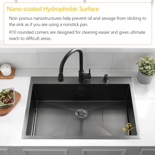 33 Black Drop in Kitchen Sink, Luckyhorse 33x22 Inches 16 Gauge Nano Black Stainless Steel Topmount Single Bowl Kitchen Sink LH003S by Lucky horse - Used condition - Image 4