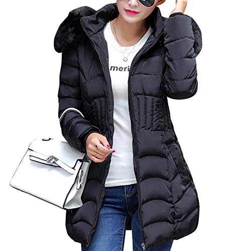 Wenchuang Chaquetas de Plumas con Capucha de Piel Sintética para Mujer Slim Chaqueta de Acolchado Negro XL Cover