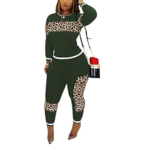 Women's Casual 2 Piece Outfit Leopard Print Long Sleeve Pullover Tops Bodycon Pants Joggers Set Tracksuit, Deep Green, 3XL Cover
