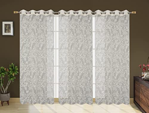 Image of Net Flower Curtains for Window, Door, Long Door, Drawing Room. Living Room. Pooja Room (4X7 Feet) Set of 3 Pcs, Cream