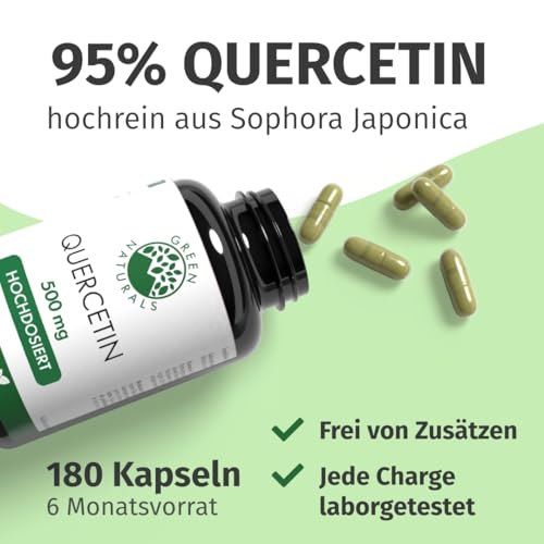 Green Naturals® Quercetin Kapseln – Hochdosiert: 500 mg mit natürlichem Japanischen Schnurrbaum (Sophora Japonica) – 100% Vegan & ohne Zusätze – 180 Kapseln (6 Monate)