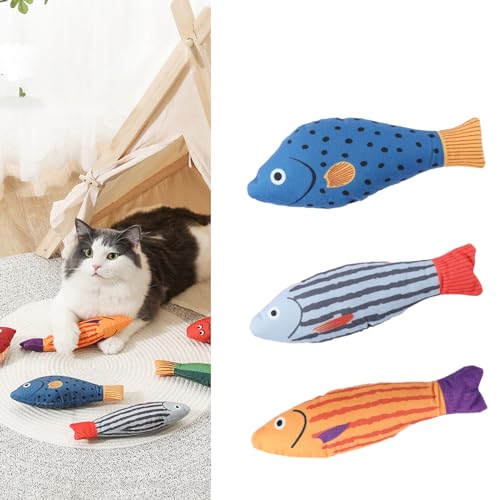 MANON ROSA Cat Chew Toys, 3Pcs Interactive Cat Fish Toys with Catnip & Sound Device Inside, Anti-Scratch Plush Toy for Kitten Mental Stimulation & Relieve Boredom (Stripped Fish)