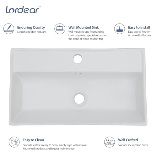 Lordear Wall Mount Bathroom Sink 21x12 Inch White Rectangle Sink with Overflow Porcelain Ceramic Floating Bathroom Vessel Sinks, Wall Hung Wash Hand Basin by Lordear - Used condition - Image 4