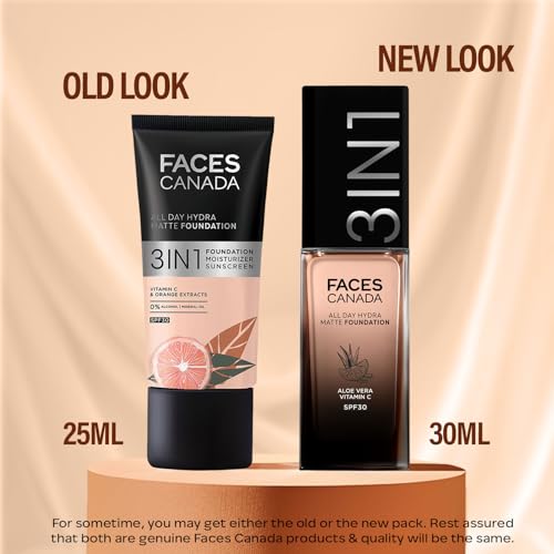 Image of FACES CANADA All Day Hydra Matte Foundation | 3-in-1 Foundation + Moisturizer + SPF 30 | 24 HR Aloe Hydration & Vitamin C | 10HR Long Wear | Medium to High Buildable Coverage | Rose Ivory 011 | 30ml