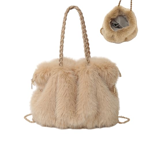 Sac à main en fourrure kaki grand cabas d'hiver bandoulière en peluche