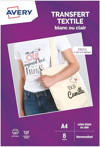 Avery Transferts Personnalisables pour Textiles Blancs ou Clairs A4 Impression Jet d'Encre - Pochette de 8 Feuilles