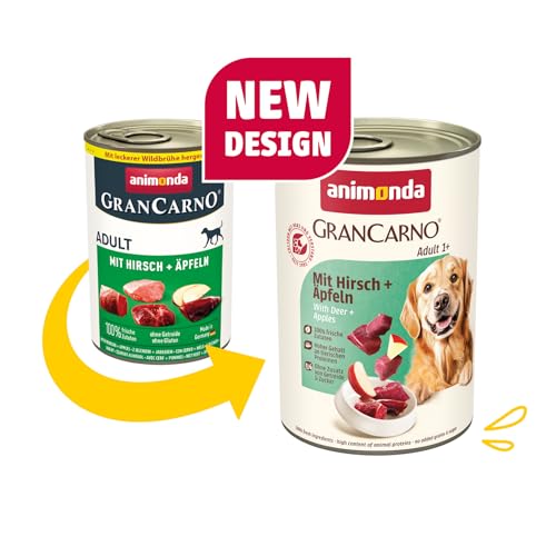 animonda GranCarno Hunde Nassfutter mit Hirsch + Äpfeln (6 x 400 g), getreidefreies Hundenassfutter ohne Zucker, für ausgewachsene Hunde, mit frischen fleischigen Zutaten