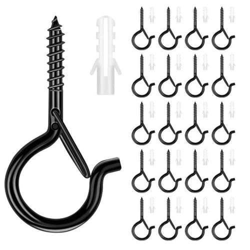 LBJFYHJN 20 ganchos de rosca de acero inoxidable con tornillo de seguridad, ganchos negros para atornillar, tornillos de gancho para cestas de plantas, casas de pájaros, carillones de viento, cadenas