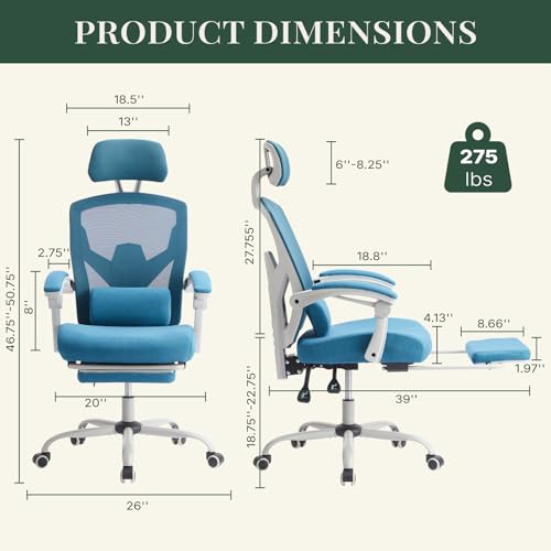 Image of Ergonomic Office Chair with Footrest, High Back Home Desk Computer Chair with Lumbar Support & Headrest, 90-135 Reclining Mesh Back with Wheels for Work, Gaming, Blue