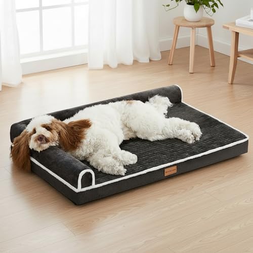 Patas Lague Orthopedic XL Dog Bed Large Sized Dog 42''X28'', Waterproof Comfortable L Bolster Big Large Non-Slip Soft Warm Pet Crate Bed Sleep Sofa mat with Removable Washable Cover, Black