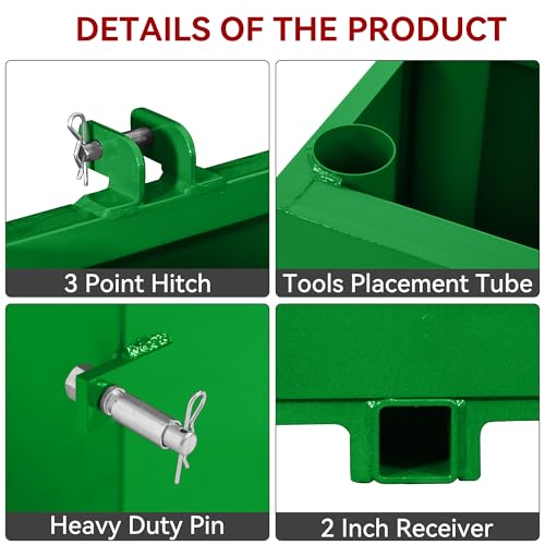 Image of YITAMOTOR 3 Point Tractor Ballast Box for Category 1 Tractors, 800 lbs Weight Ballast Height Box Attachment with 2'' Quick Trailer Hitch Receiver for Tractors, Loaders and Skid Steers, Green
