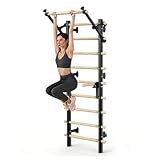 Ceepxeen Sprossenwand Holz & Stahl für Zuhause inkl. Klimmzugstange, Dip-Station & Suspension Trainer – Turnwand für Erwachsene & Kinder, 150kg – Schwedische Leiter für Home Gym & Calisthenics